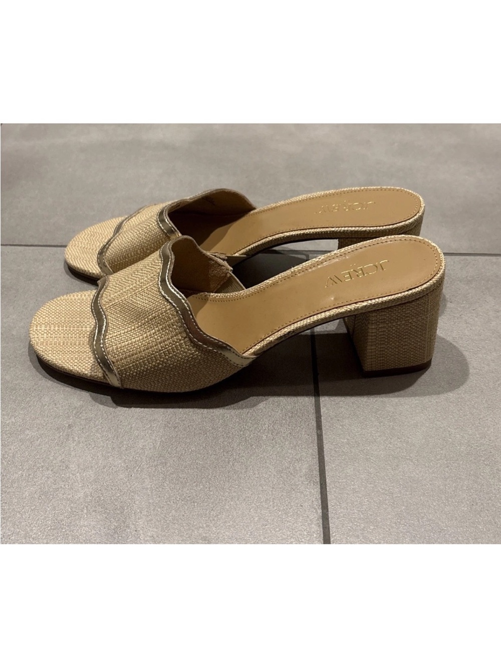 J.Crew Factory scalloped slide sandals 9 Raffia Gold Scalloped Trim